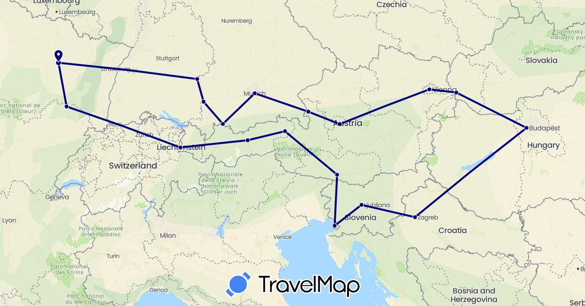TravelMap itinerary: driving in Austria, Germany, France, Croatia, Hungary, Italy, Liechtenstein, Slovenia, Slovakia (Europe)